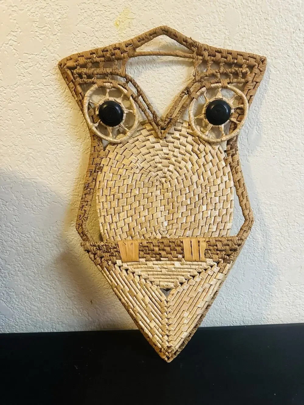 Vintage Woven Wicker Wall Hanging Owl Figurine Trivet/Bill Holder - 1970's